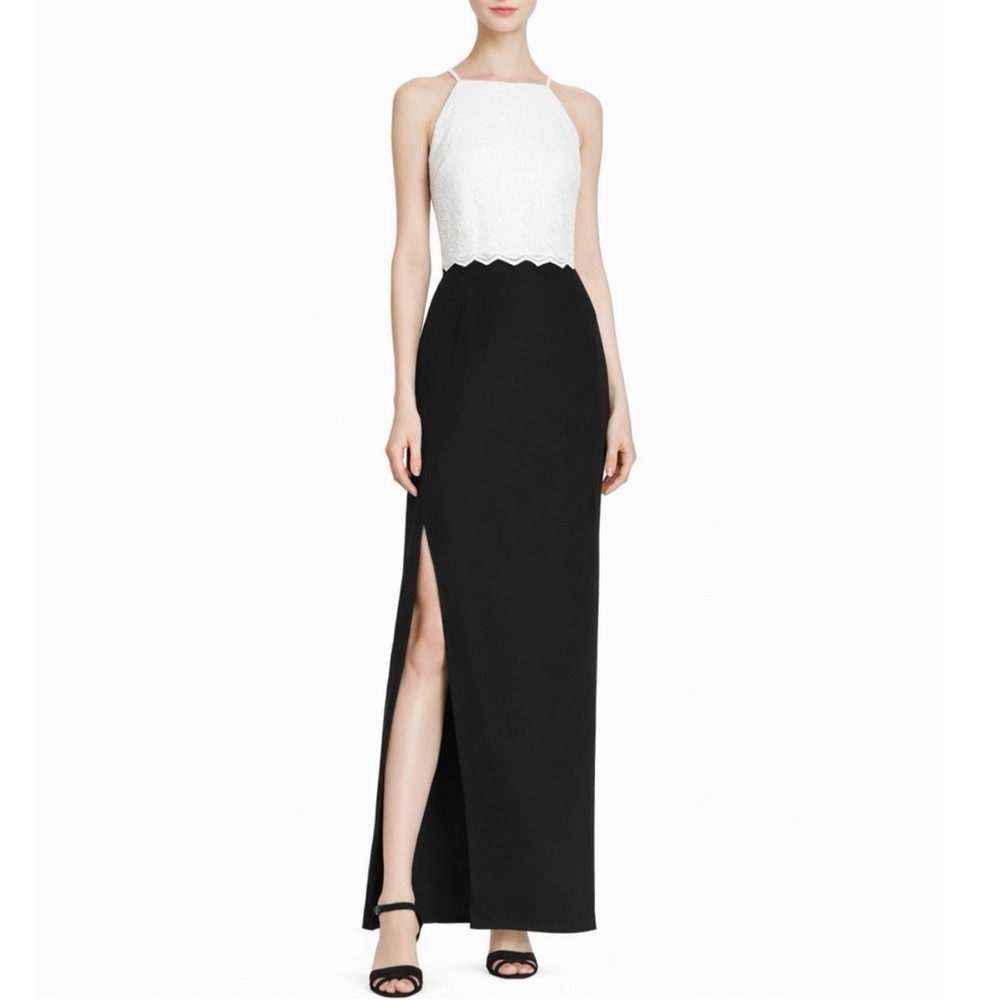 NWT Aidan by Aidan Mattox Lace Halter Popover Crepe Column Gown in Ivory / Black